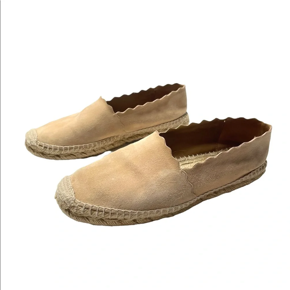 Chloe | Lauren Suede Espadrille Scalloped Flats in Neutral Beige 38